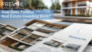 Flyer showing modern luxury apartment buildings with the text "How Does Passive Real Estate Investing Work?" and PrevailAA.com branding.