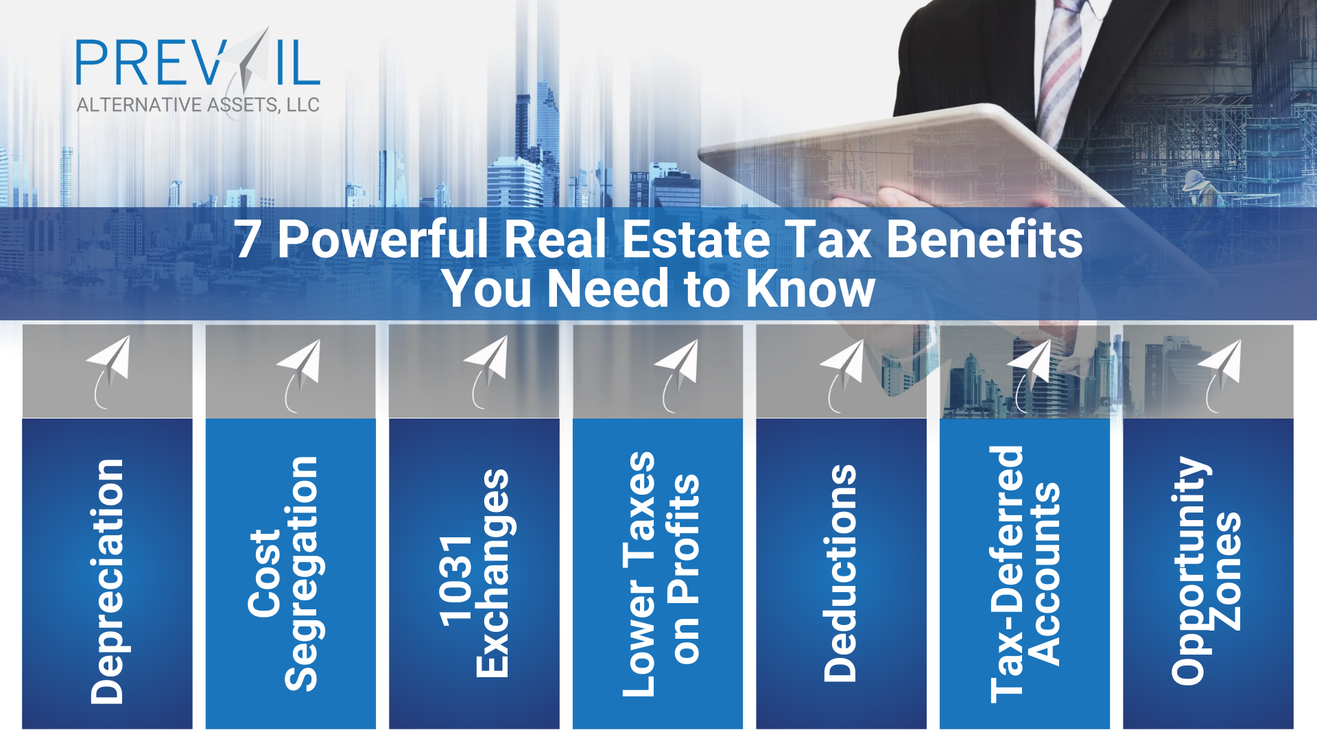 Infographic titled “7 Powerful Real Estate Tax Benefits You Need to Know” from Prevail Alternative Assets, listing depreciation, cost segregation, 1031 exchanges, lower taxes on profits, deductions, tax-deferred accounts, and opportunity zones.