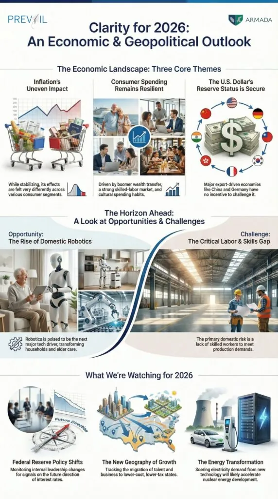 Economic and geopolitical outlook for 2026 highlighting inflation trends, consumer spending resilience, U.S. dollar reserve status, robotics innovation, labor challenges, and global growth shifts.
