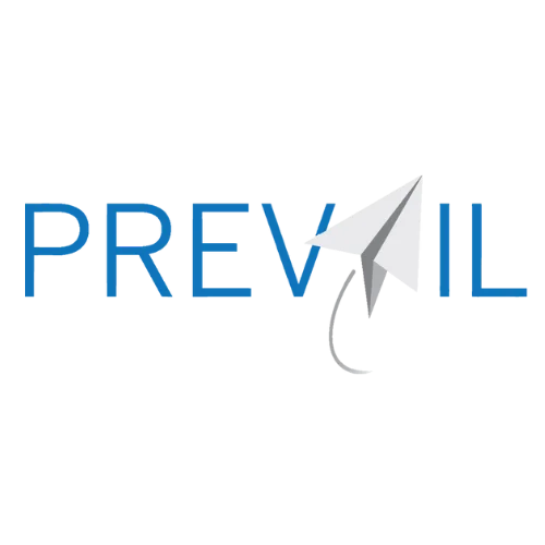 Prevail Innovative Wealth Strategies logo featuring a blue wordmark with a paper plane symbol representing forward-thinking financial strategy.