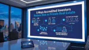 High-net-worth investors reviewing a private real estate diversification strategy infographic outlining five ways accredited investors reduce risk through alternative assets.