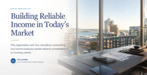 Luxury executive office overlooking a waterfront city skyline, representing income-producing investments, dependable cash flow, and long-term wealth strategy. Title: Building Reliable Income in Today’s Market