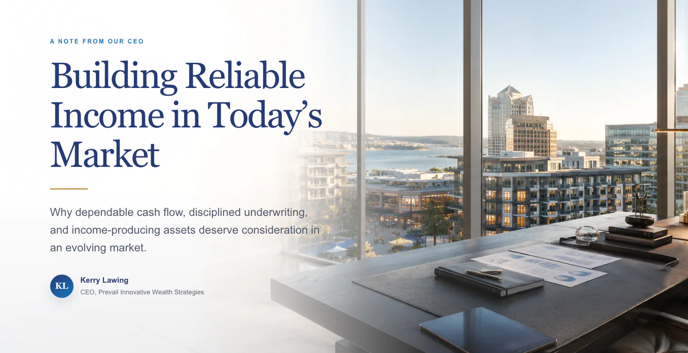 Luxury executive office overlooking a waterfront city skyline, representing income-producing investments, dependable cash flow, and long-term wealth strategy. Title: Building Reliable Income in Today’s Market