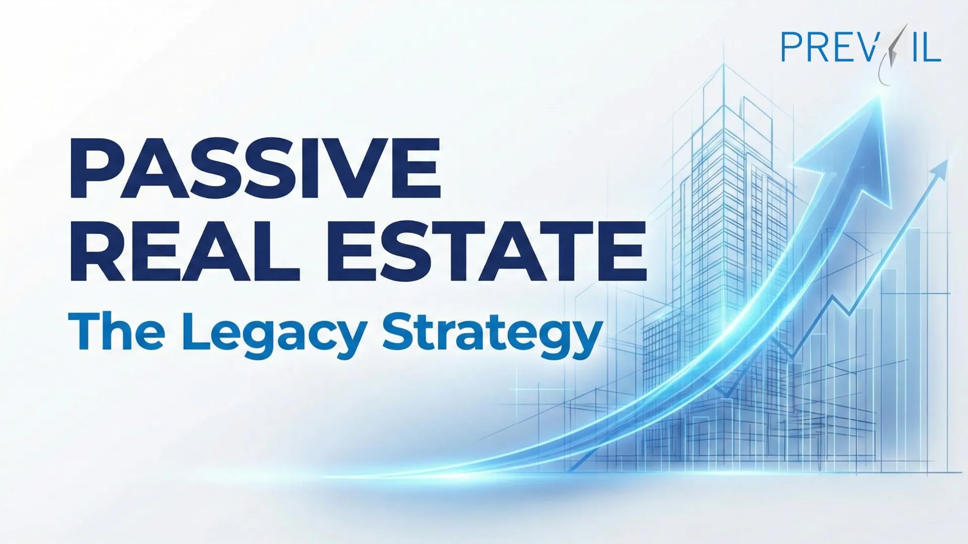Passive real estate investment strategy graphic for high-net-worth individuals showing an upward growth arrow over a blueprint-style building.