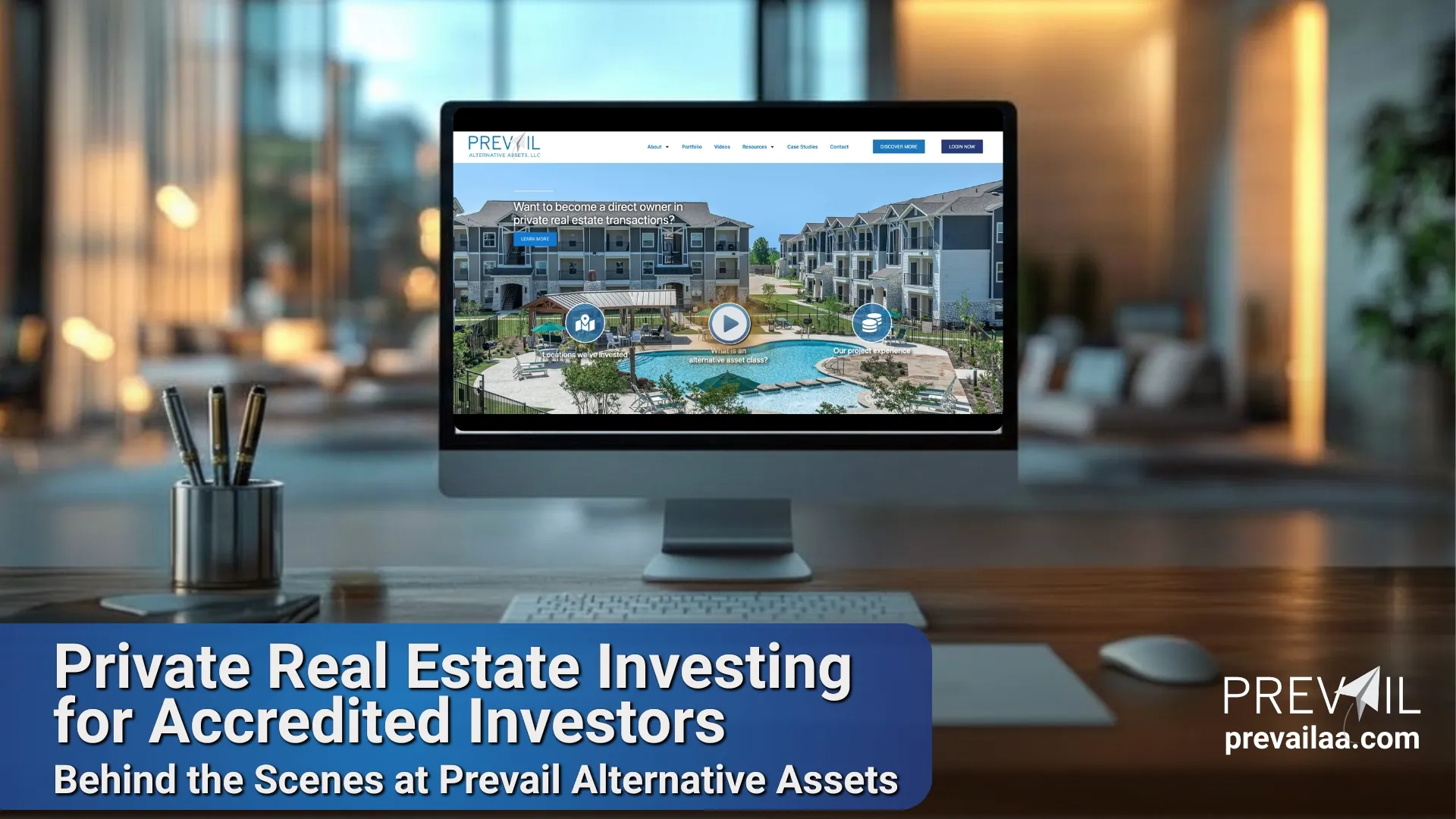 Computer monitor displaying Prevail Alternative Assets website showcasing private real estate investing opportunities for accredited investors.