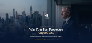 Affluent business owner standing in a luxury executive office overlooking a city skyline, representing retirement benefits for highly compensated employees.