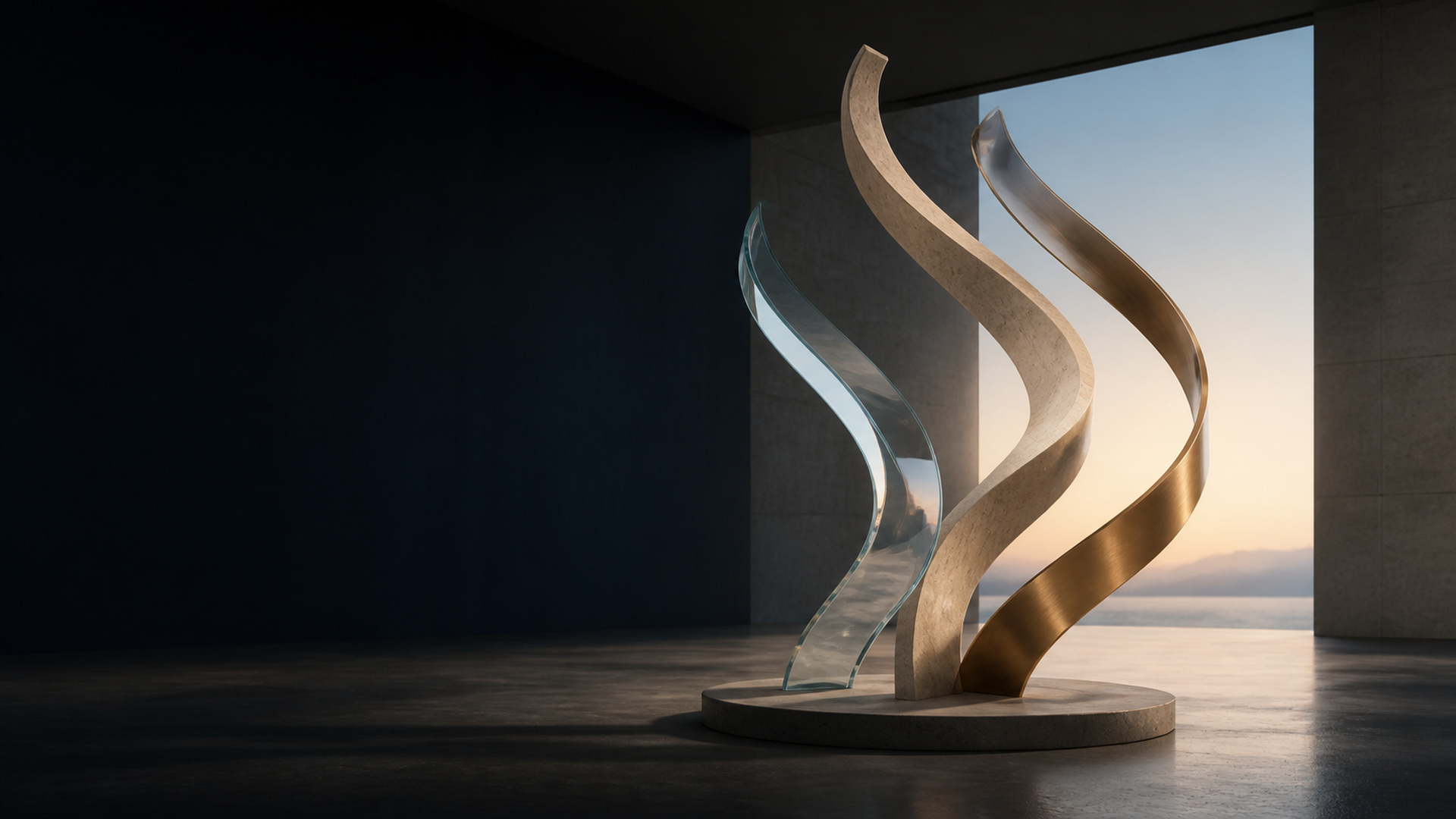 Three sculptural forms in glass, stone, and bronze following separate paths in a dark gallery, representing non-correlated investments